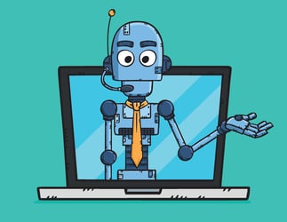 Cartoon robot demonstrating machine translation through a laptop screen