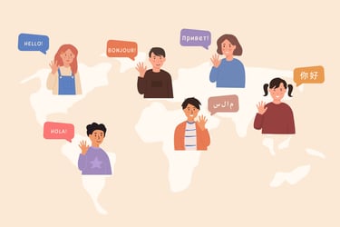 cartoon of people across the globe speaking their own native language. 