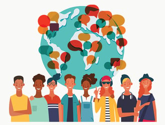 Illustration of diverse people with world map and speech bubbles